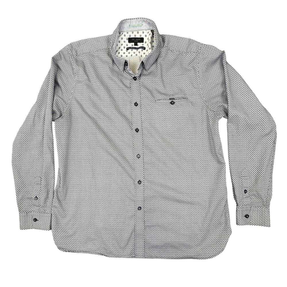 Ted Baker London Mens Navy White Geometric Print Cotton Button Down Shirt Size 7